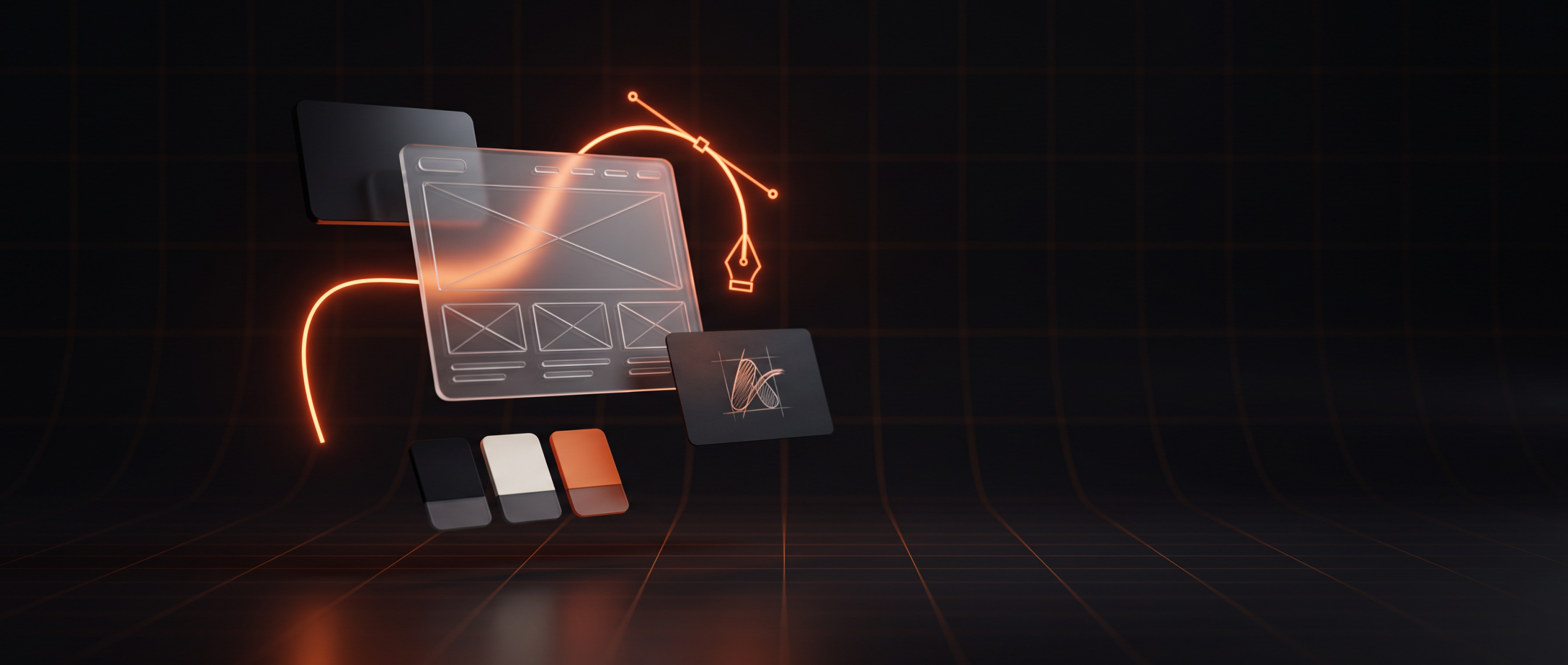 Website wireframe, pen tool and colour swatches for the design stage